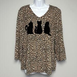 Chico's Leopard Print 3-D Cat Silhouette 3/4 Sleeve Casual Top Womens Sz L